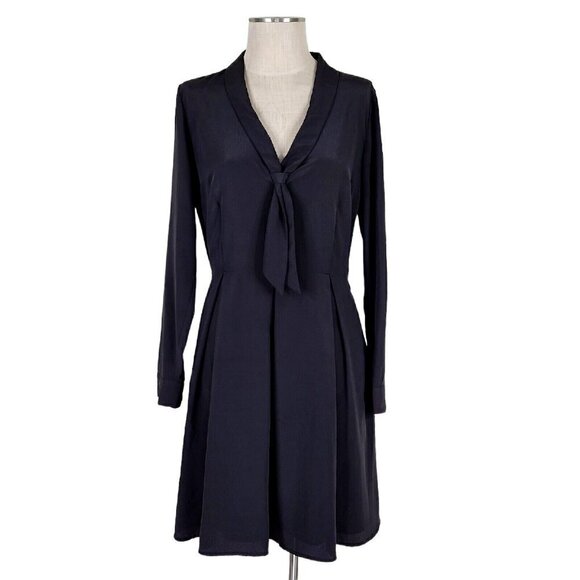 Modcloth Swing Dress Size 12 Tie Neck Pleated Side Seam Pocket Long Sleeve Black - Picture 1 of 13